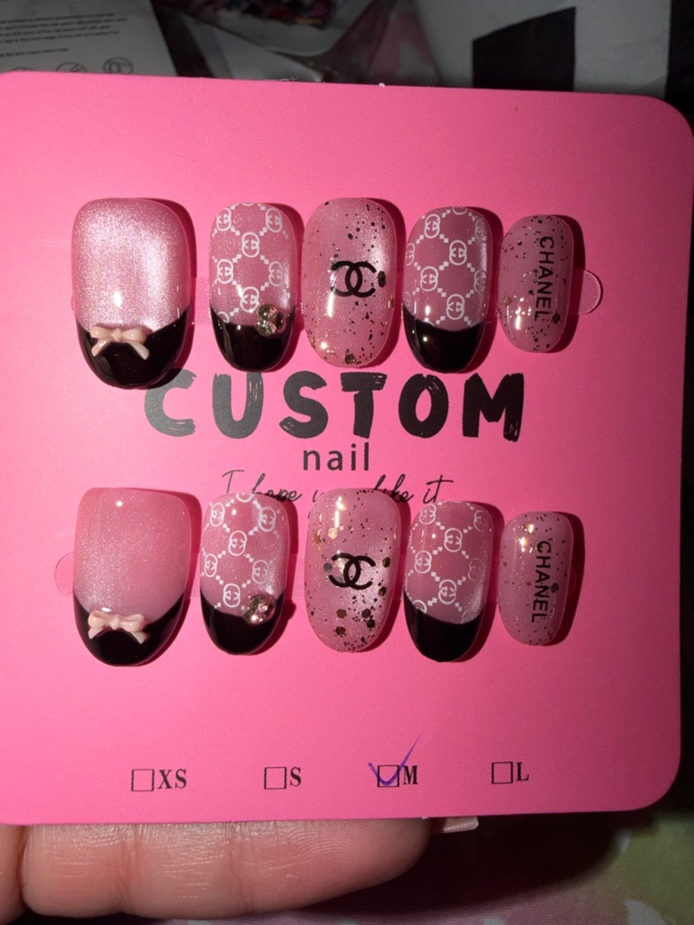 CHANEL Pink and Black Logo Accent Press-On Nails